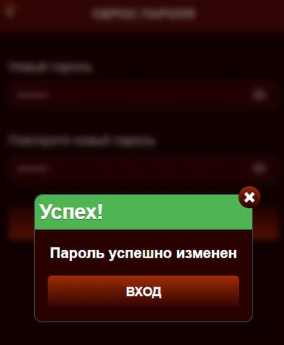 Финал сброса: сообщение об успешной смене пароля и кнопка входа