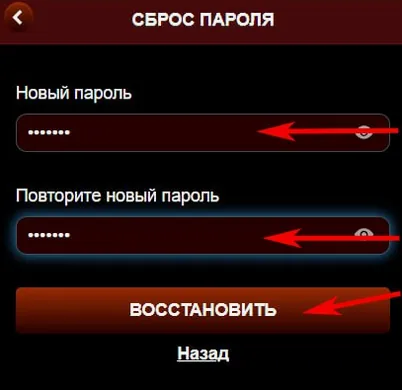 Третий шаг: новый пароль и его повтор в форме сброса